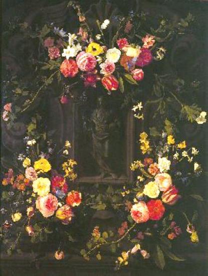 Jan Philip van Thielen Garland of flowers surrounding Christ figure in grisaille oil painting image